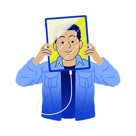 Ilustración de una mujer usando los canales de atención de SURA desde su celular.